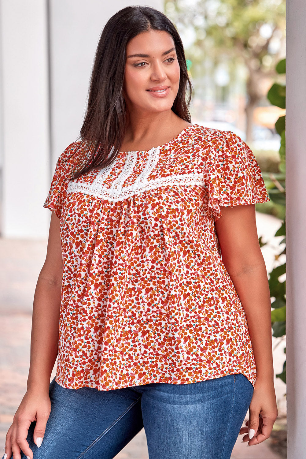 Plus Size Floral Lace Trim Summer Blouse