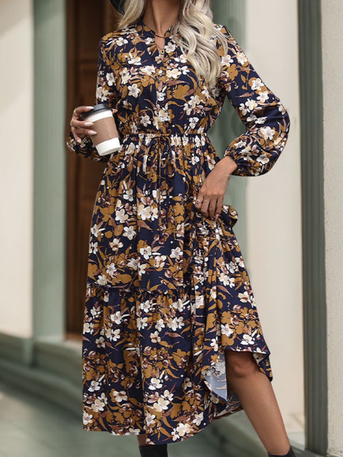 Notched Long Sleeve Midi Dress