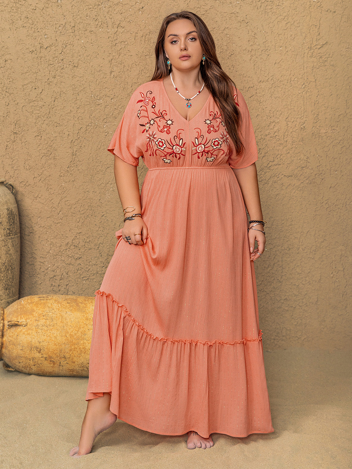 Plus Size Frill Embroidered V-Neck Half Sleeve Resort Maxi Dress