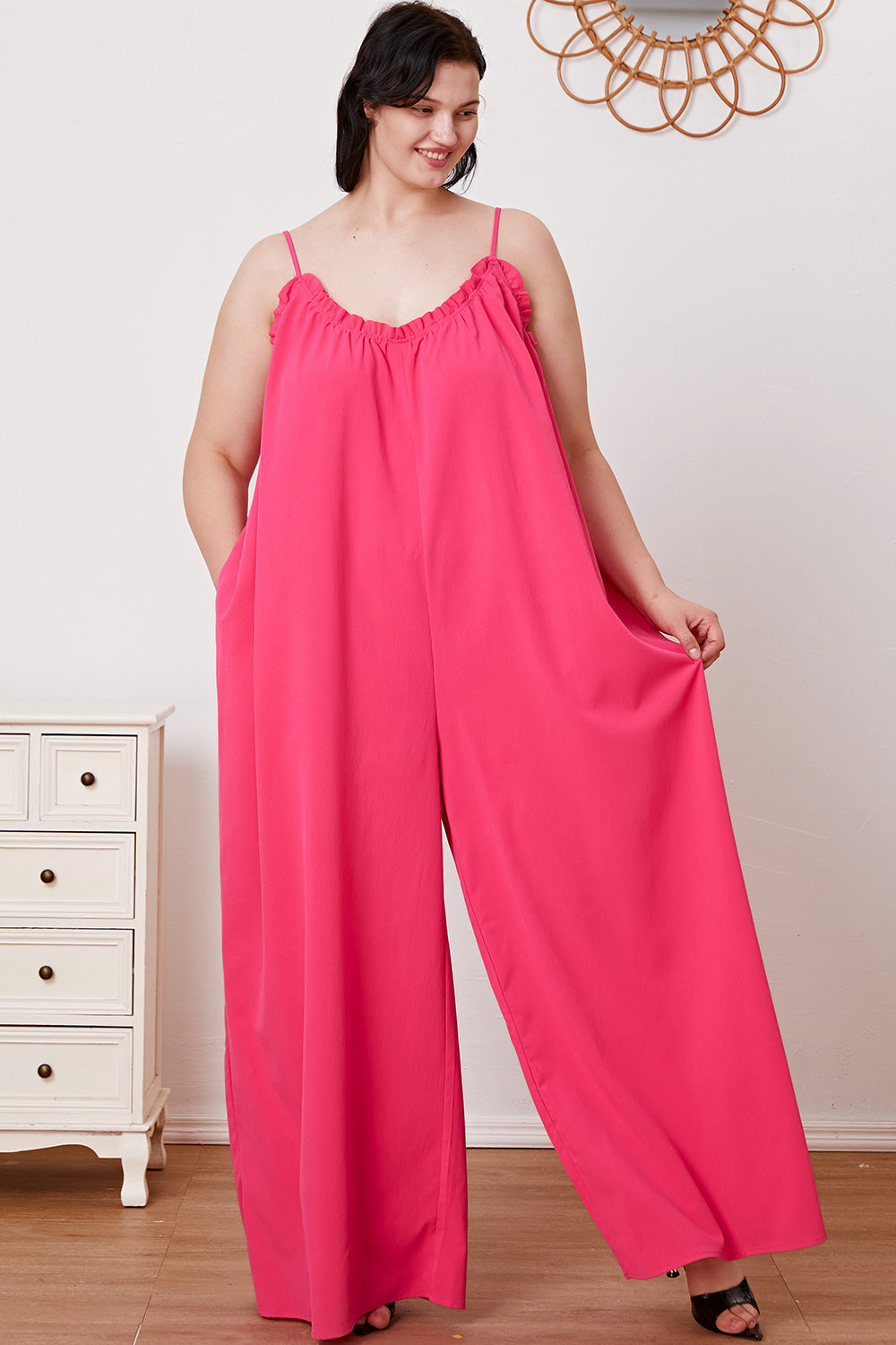 Plus Size Ruffle Trim Tie Back Cami Jumpsuit with Pockets