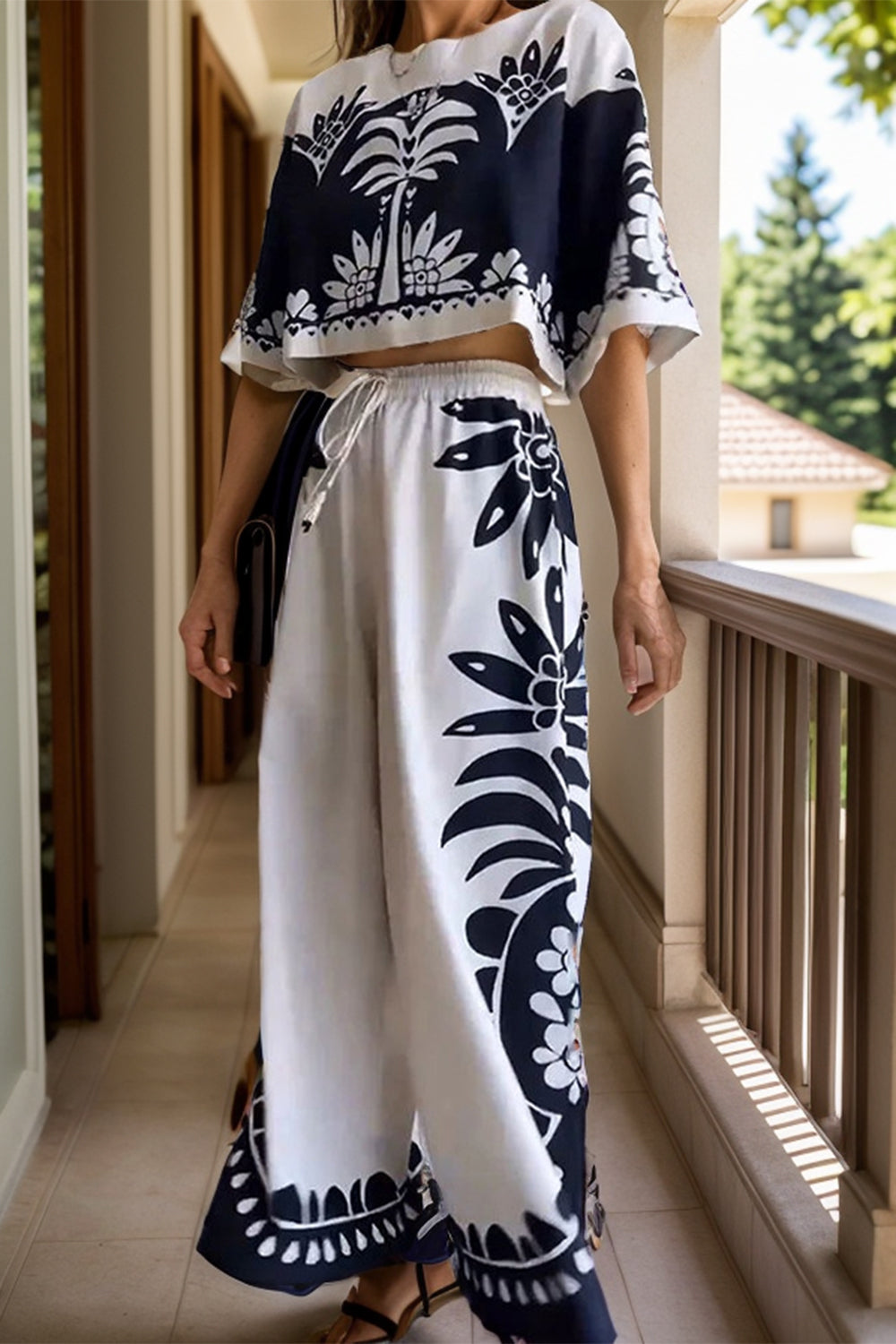 Half Sleeve Top and Wide Leg Resort Pants Set