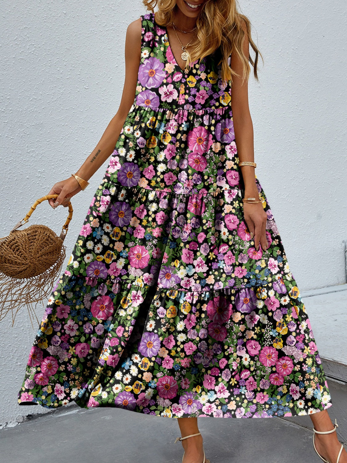 Bold Boho Tiered Summer Midi Dress