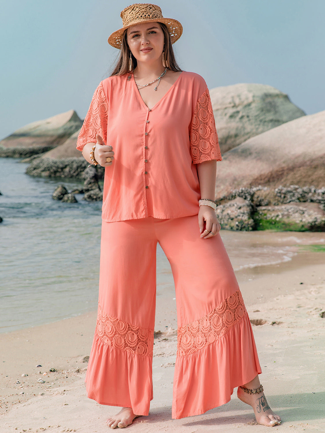 Plus Size Beachy Coral Summer Pants Set