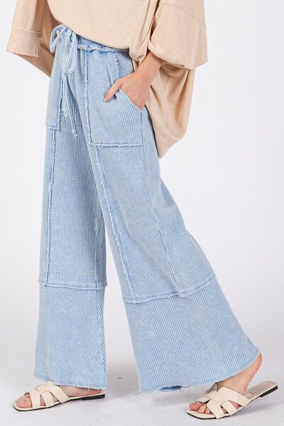 Boho Beachy Waffle Textured Wide Leg Mineral Washed Pants