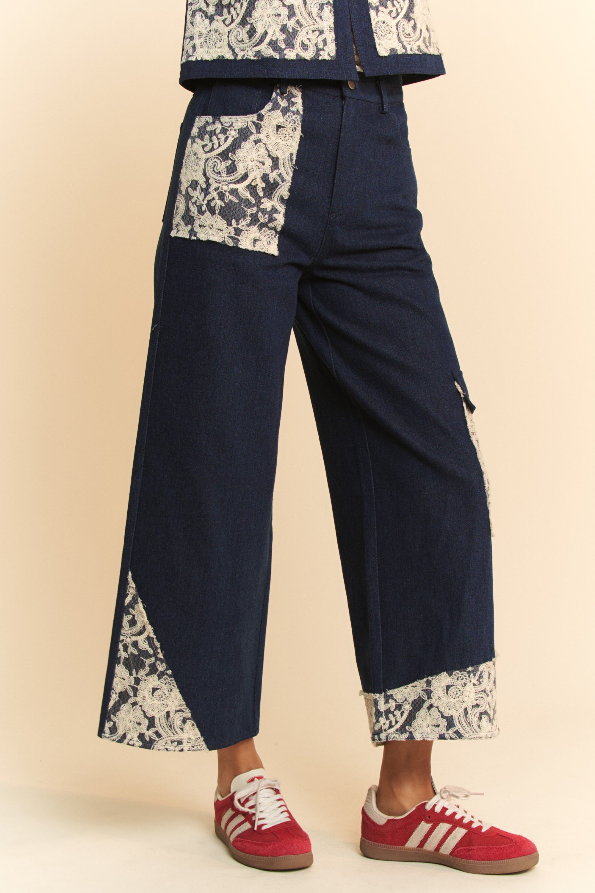 Lace Applique Wide Leg Jeans