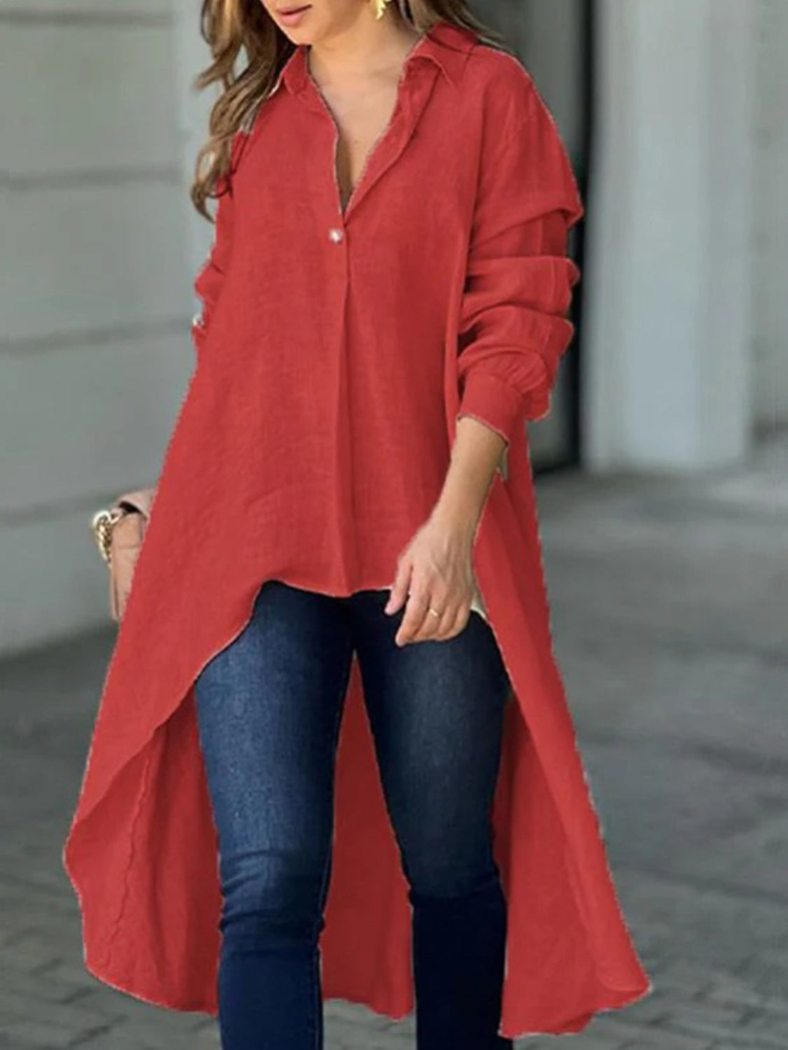 Full Size High-Low Collared Neck Long Sleeve Resort Shirt