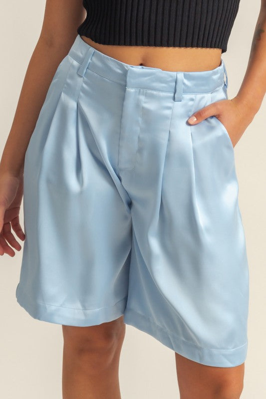 High-Waist Pleated Satin Resort Shorts