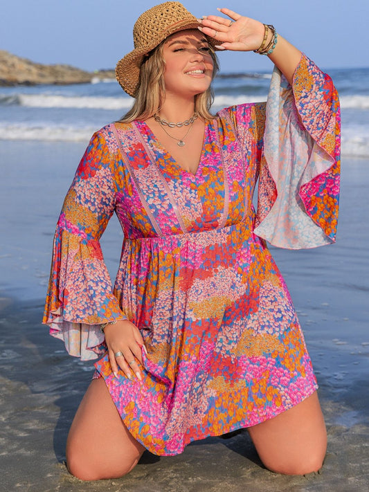 Plus Size Ruched Printed Long Sleeve Beach Dress