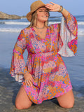 Plus Size Ruched Printed Long Sleeve Beach Dress