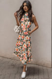 Floral Tiered Pocketed Mock Neck Midi Dress