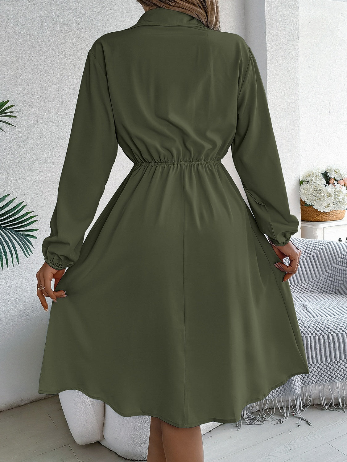 Collared Neck Long Sleeve Midi Dress with Pockets