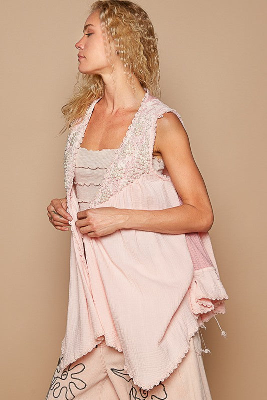 Embroidered Pearls Open Front Sleeveless Boho Cardigan