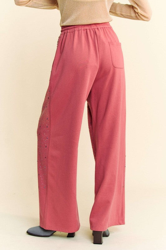 Rhinestone Drawstring Wide Leg Pants