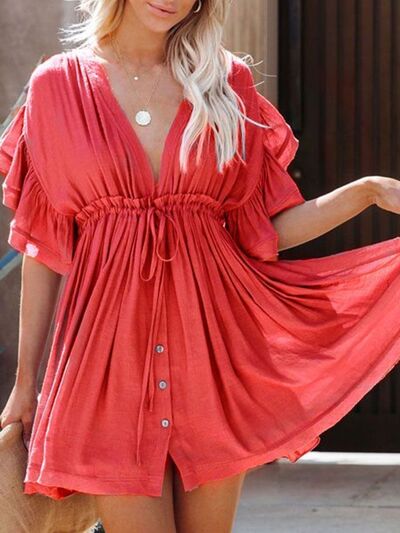 Drawstring Ruffled Half Sleeve Mini Boho Dress