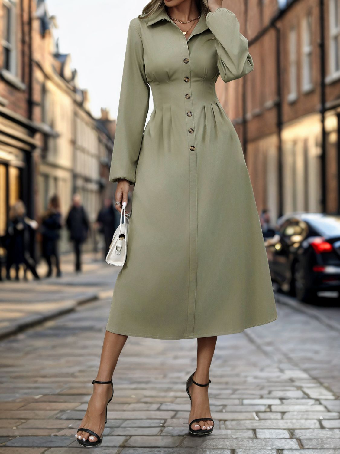 Half Button Long Sleeve Midi Dress