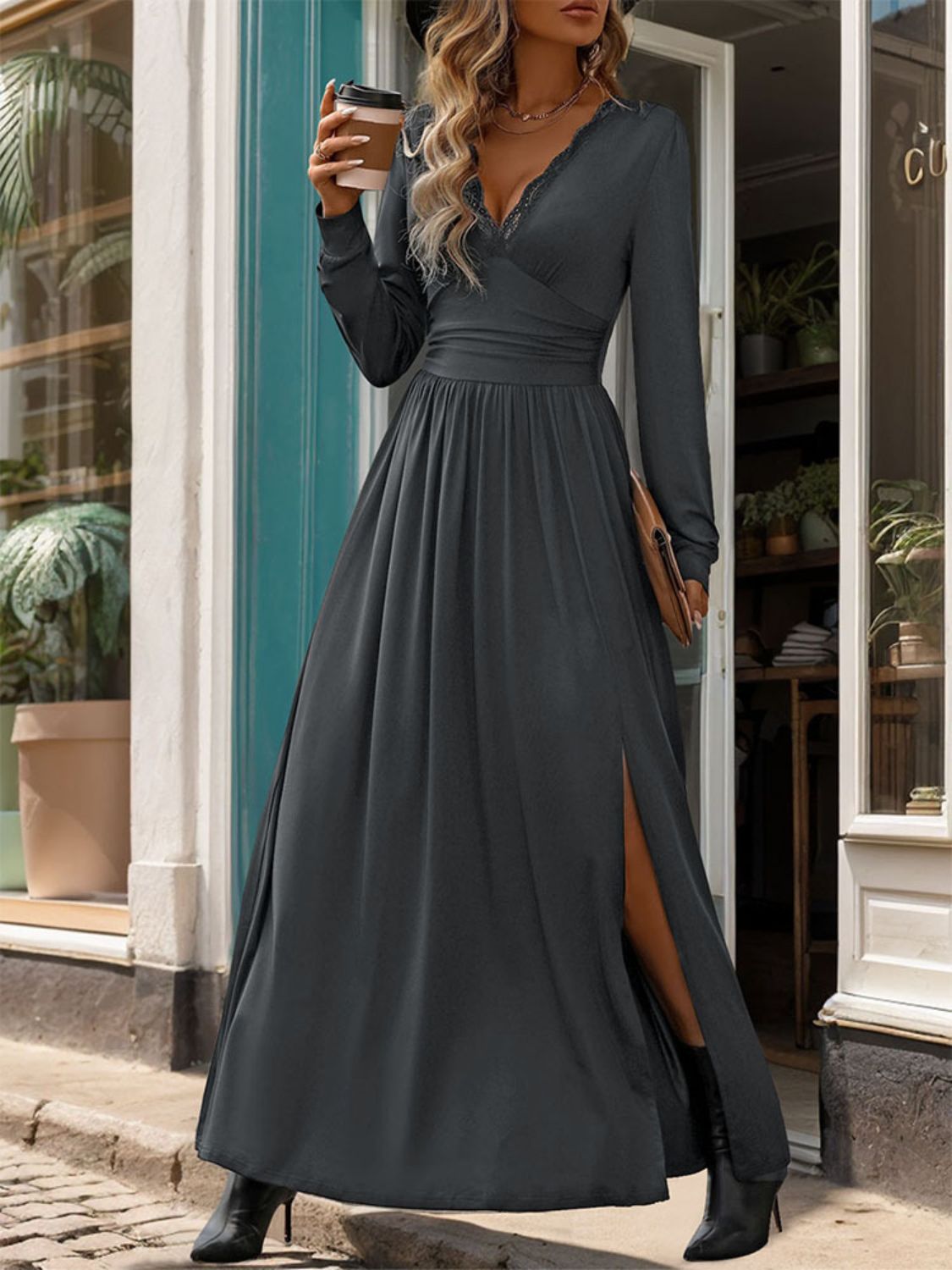 Lace Detail Slit V-Neck Long Sleeve Maxi Dress