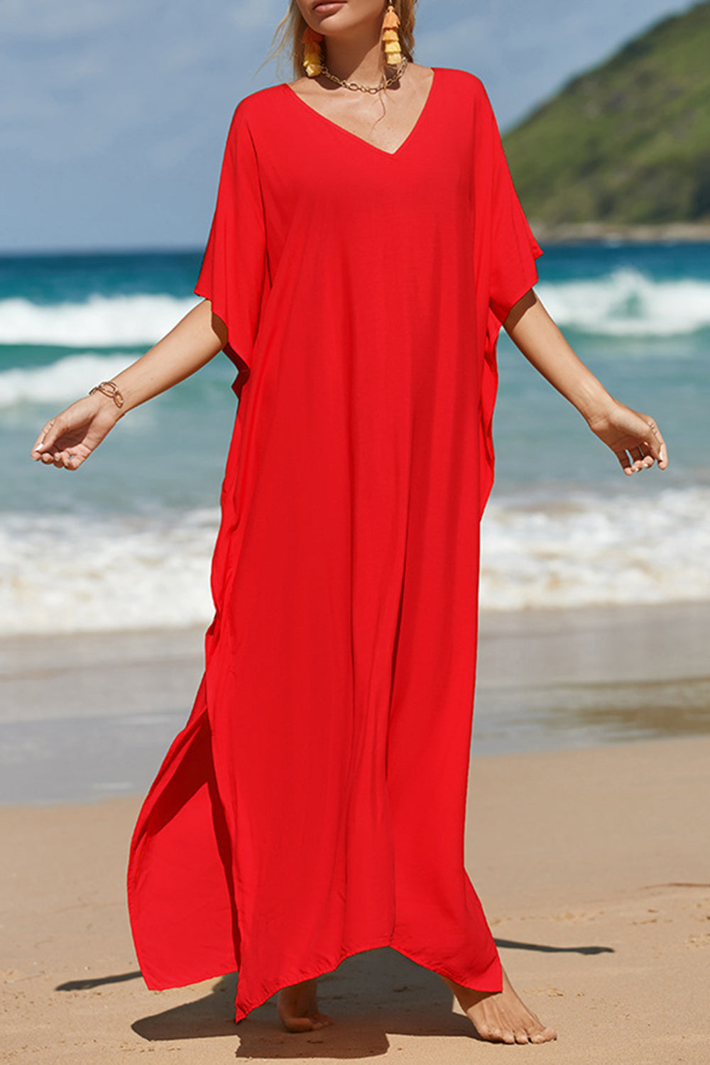 Slit V-Neck Half Sleeve Cover-Up Beach Maxi Dress