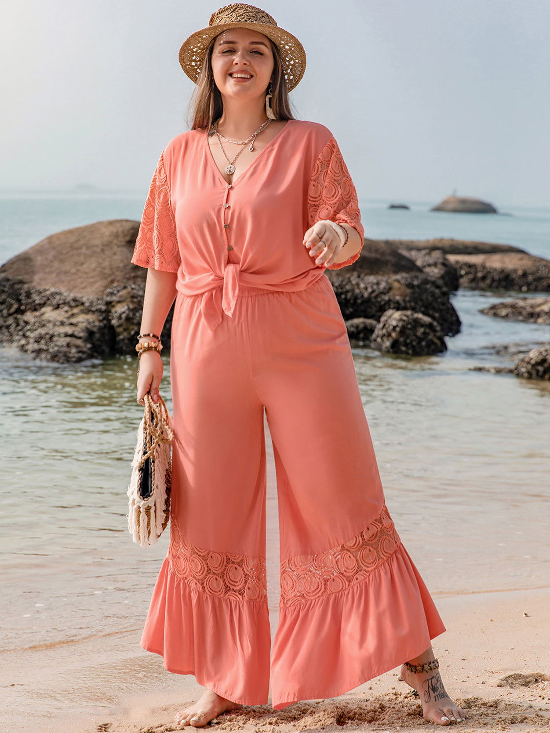 Plus Size Beachy Coral Summer Pants Set