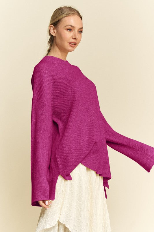 Round Neck Drop Shoulder Purple Beachy Sweater