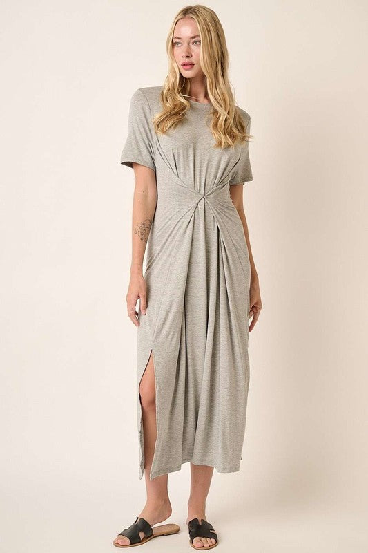 Heather Grey Side Slit Short Sleeve Resort Maxi Dress