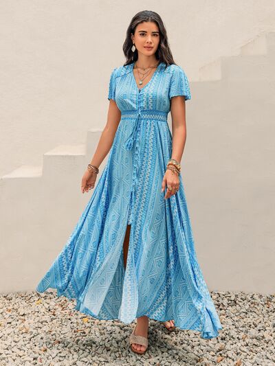 Blue Short Sleeve Summer Maxi Dress