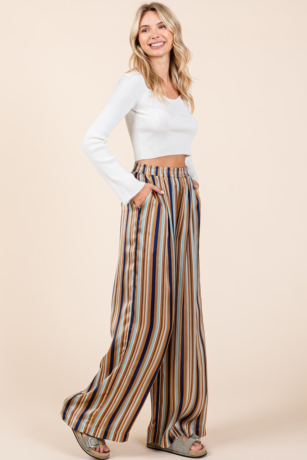 Satin Elastic Waist Wide Leg Resort Pants