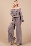 Mocha Boat Neck Long Sleeve Drawstring Baggy Jumpsuit