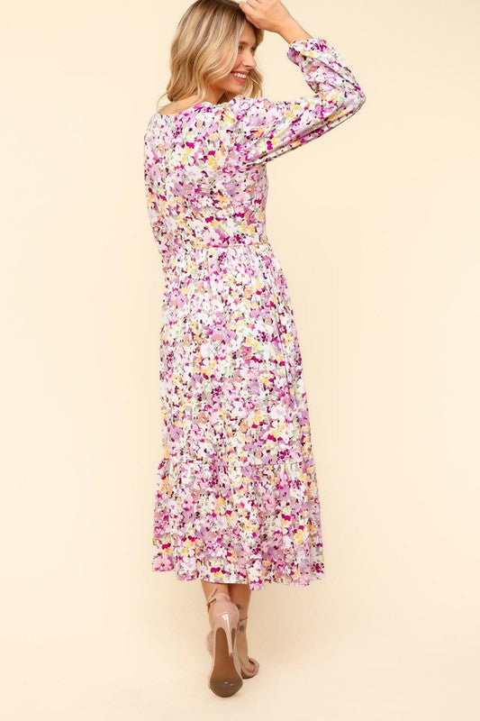 Full Size Floral Long Sleeve Summer Maxi Dress with Side Pockets