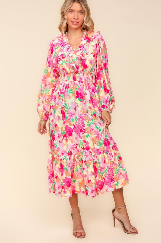 Full Size Floral Balloon Sleeve Summer Midi Dress with Side Pockets