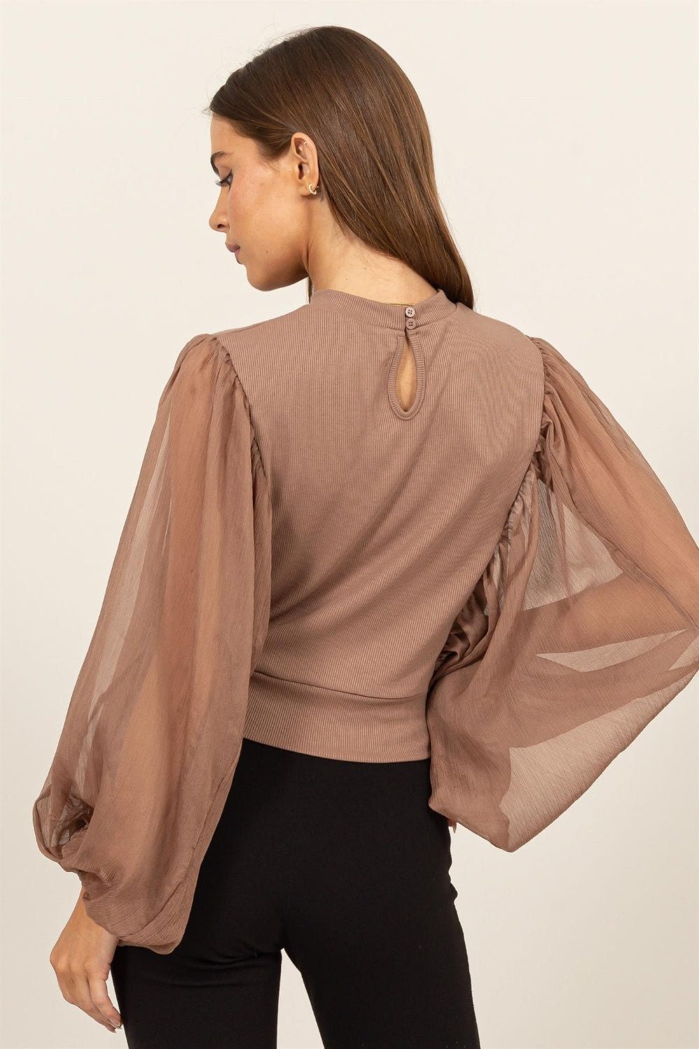 Sheer Long Sleeve Mock Neck Blouse