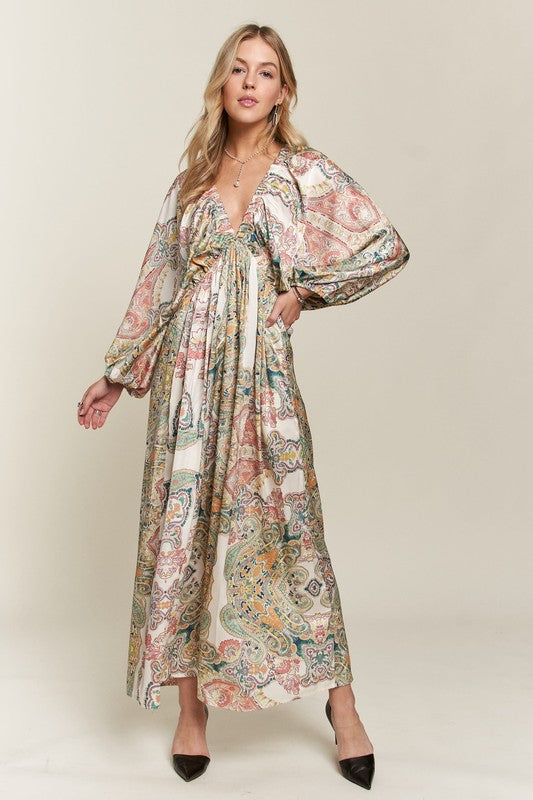 Printed V-Neck Batwing Sleeve Maxi Dress