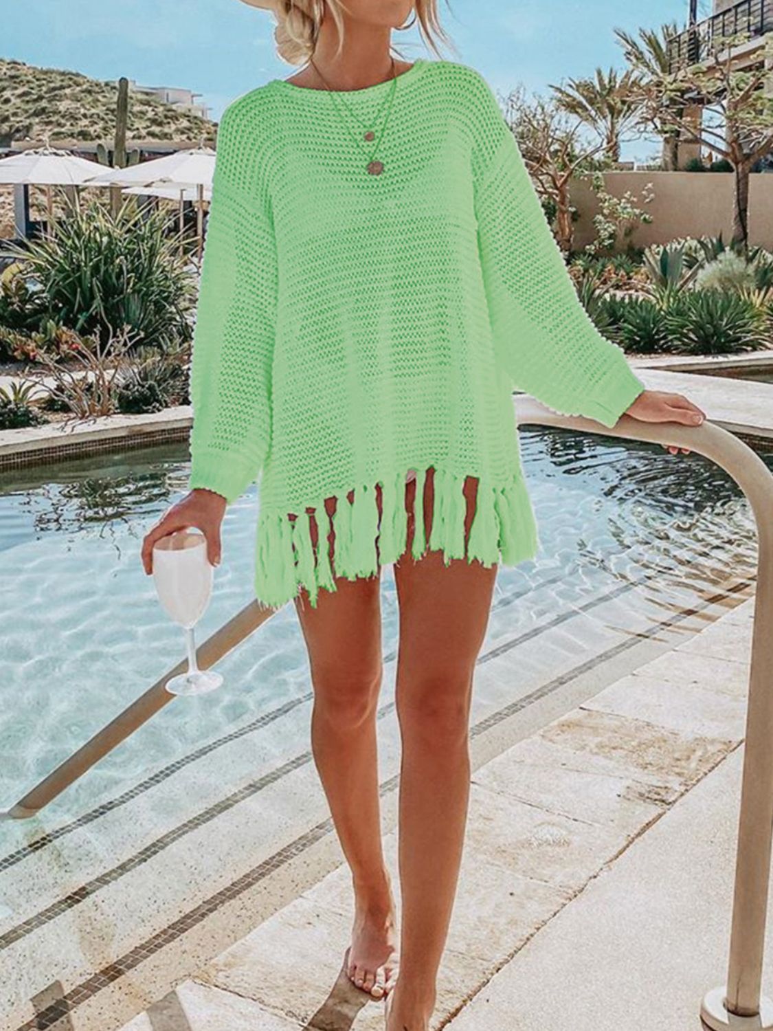 Tassel Hem Long Sleeve Knit Beach Cover Up