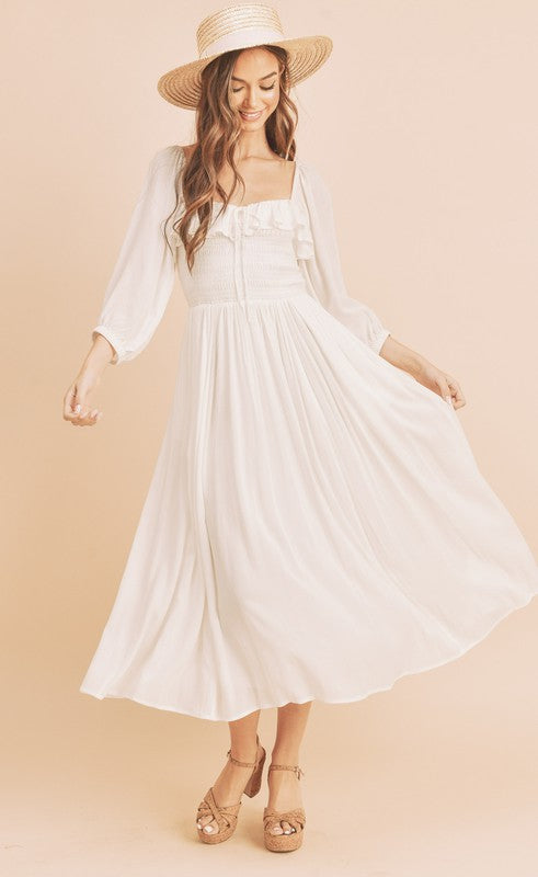 White Ruffled Balloon Sleeve Midi Resort Dress