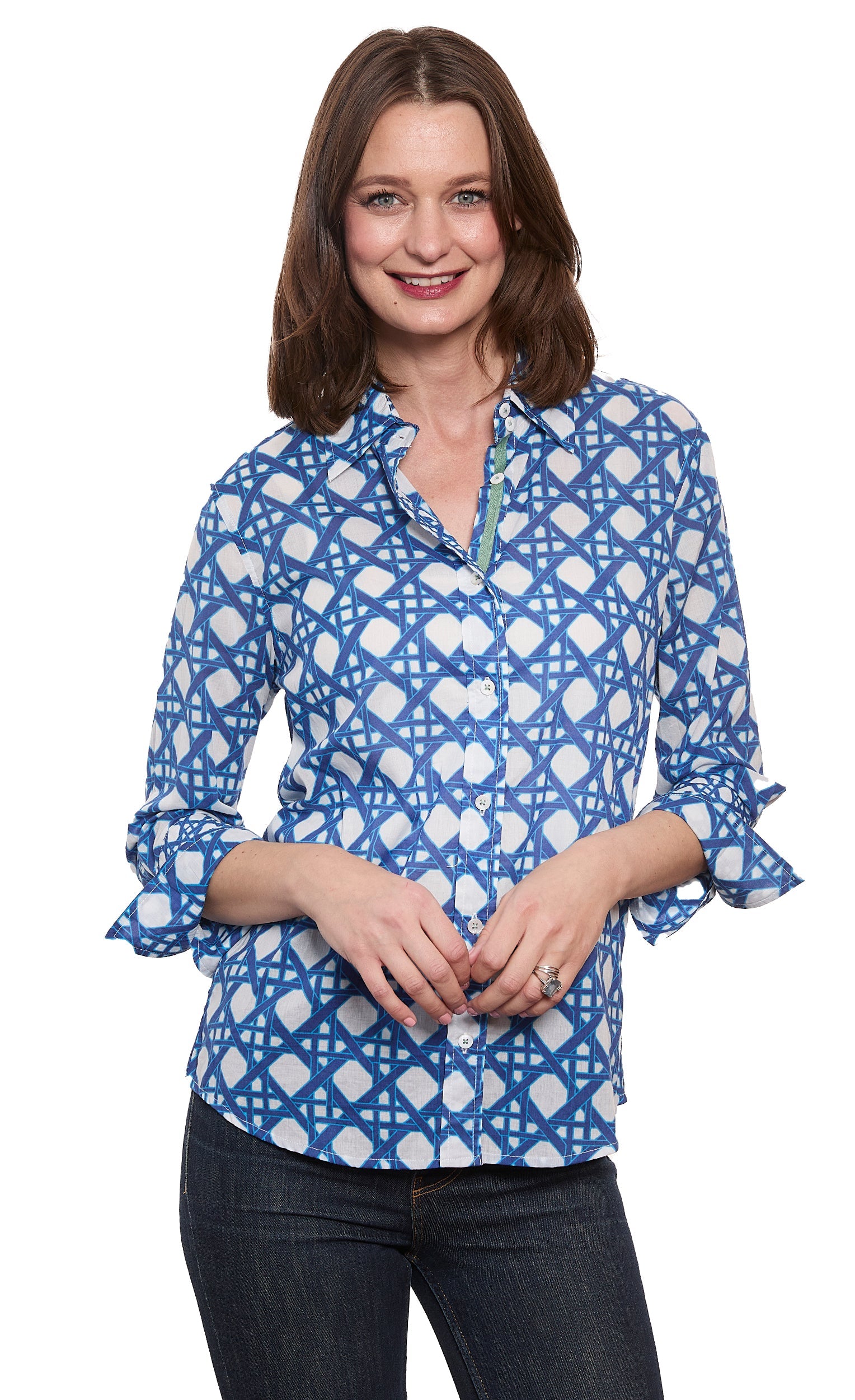 3/4 Sleeve Rome Shirt Navy White Voile Wicker Print