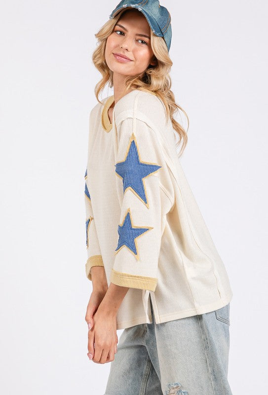 Star Patch Side Slit Round Neck Beachy Top