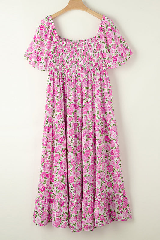 Plus Size Floral Short Sleeve Midi Summer Dress
