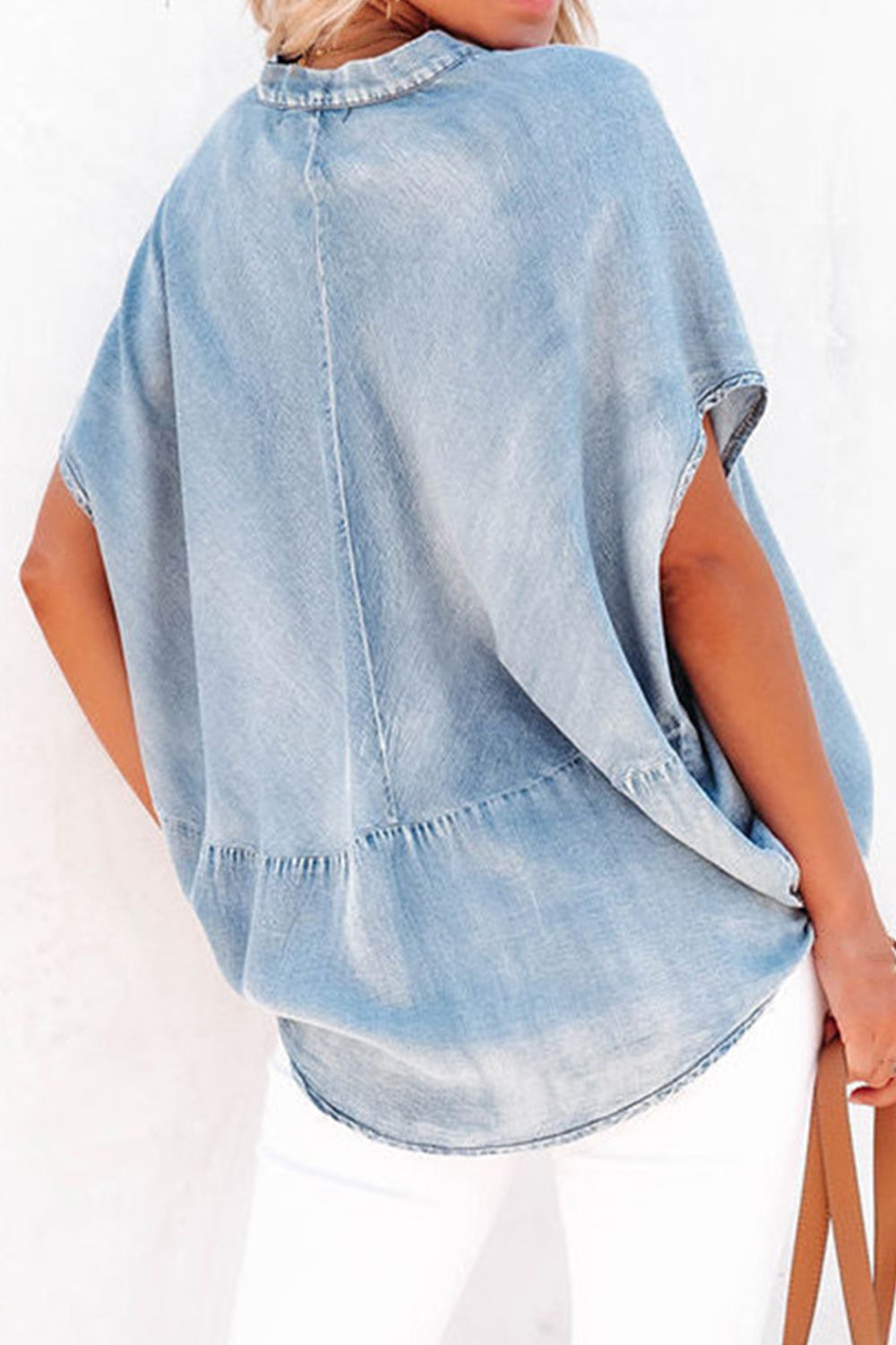 Notched Short Sleeve Denim Blouse