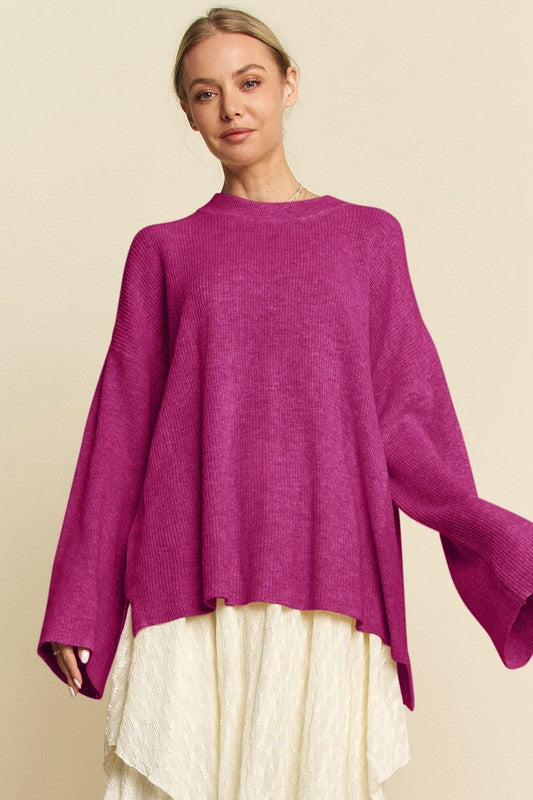 Round Neck Drop Shoulder Purple Beachy Sweater