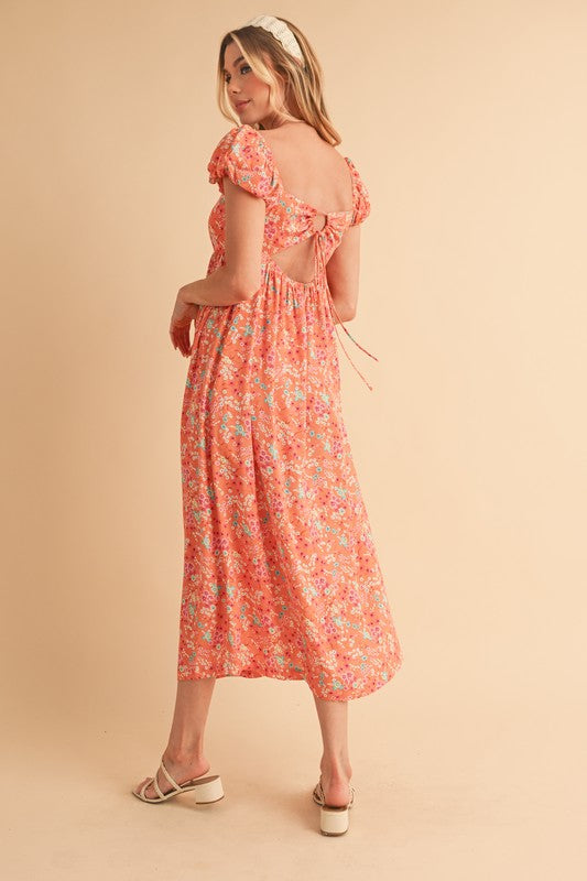 Coral Floral Puff Sleeve Midi Summer Dress