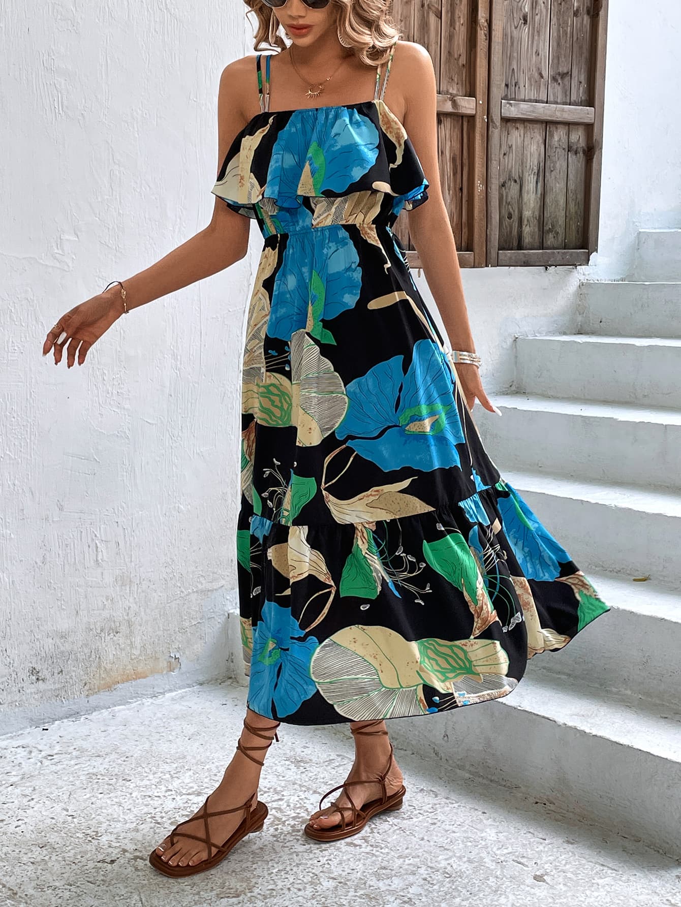 Floral Double-Strap Midi Vacation Dress