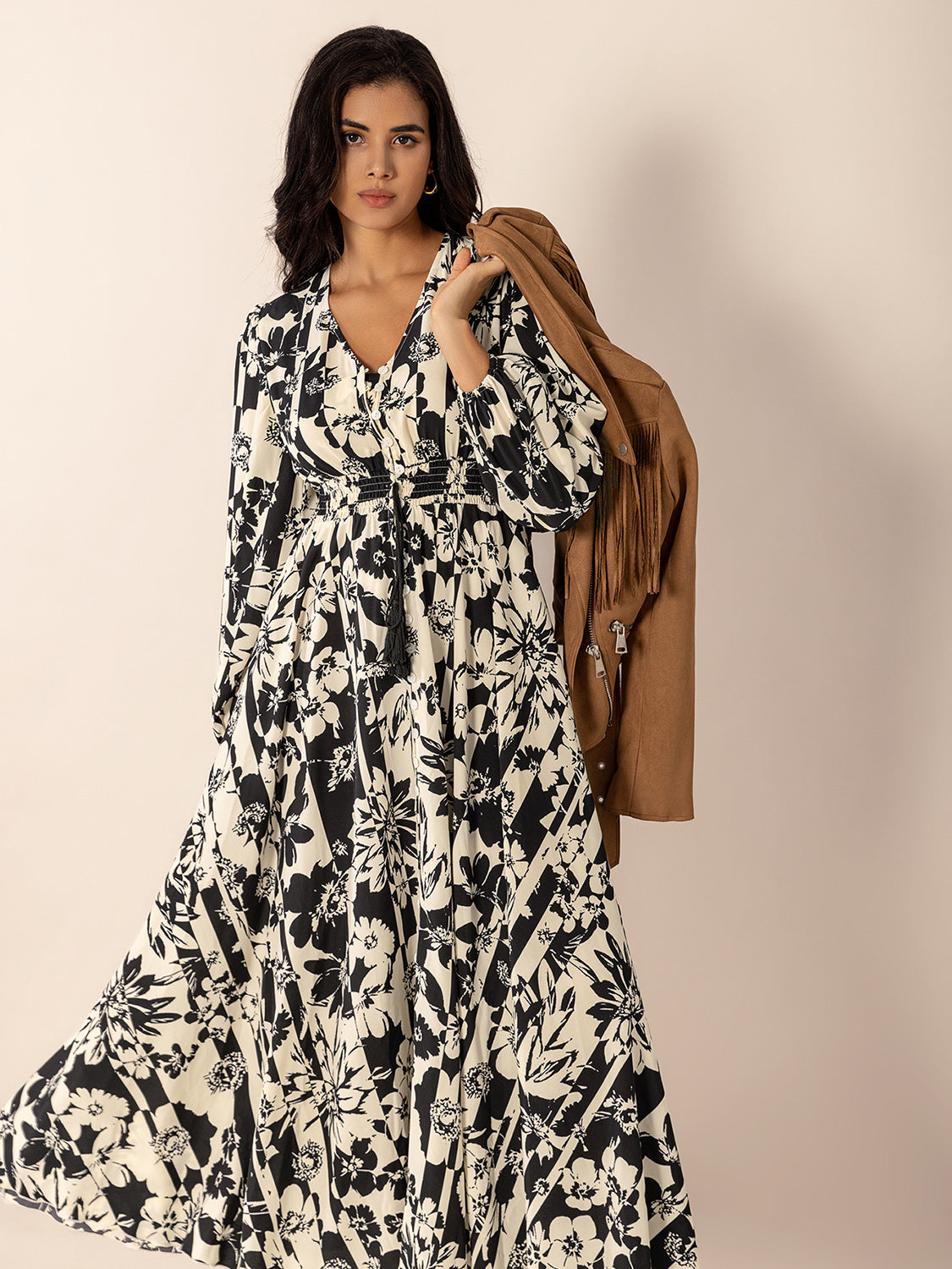 Printed V-Neck Long Sleeve Midi Dress