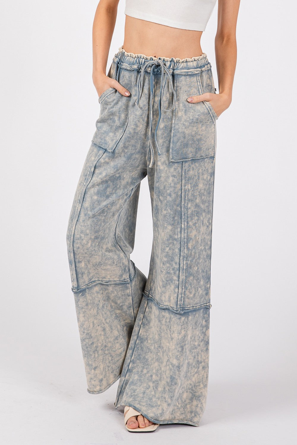 Beachy Boho Mineral Washed Terry Wide Leg Pants