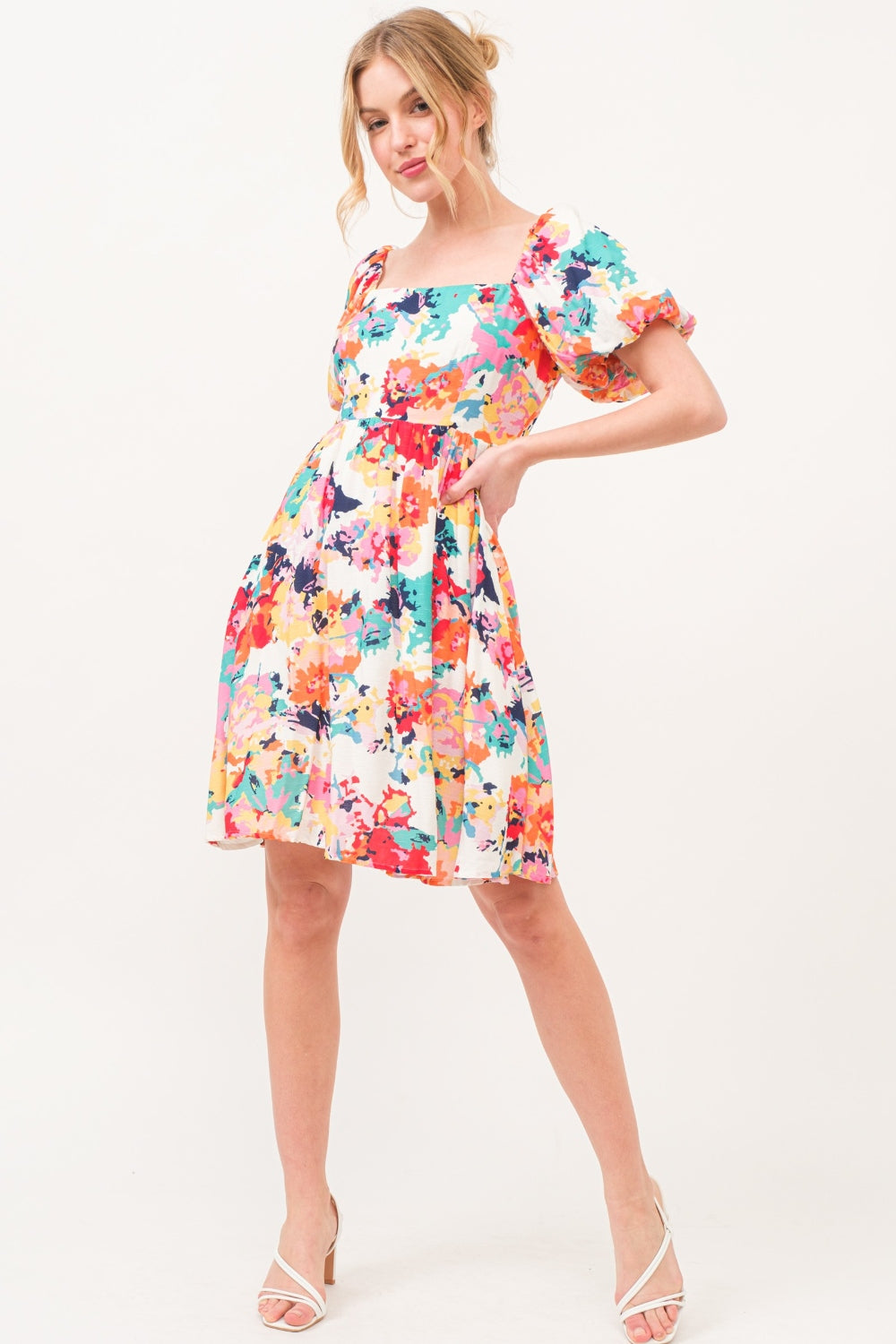 Short Puff Sleeve Floral Dress