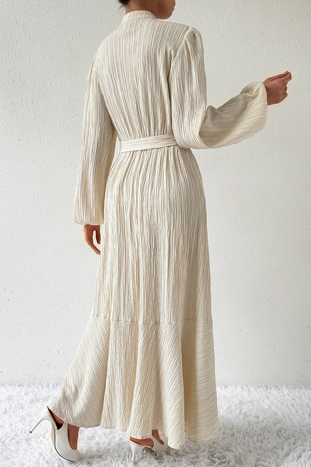 Beige Tied Button Up Balloon Sleeve Resort Maxi Dress