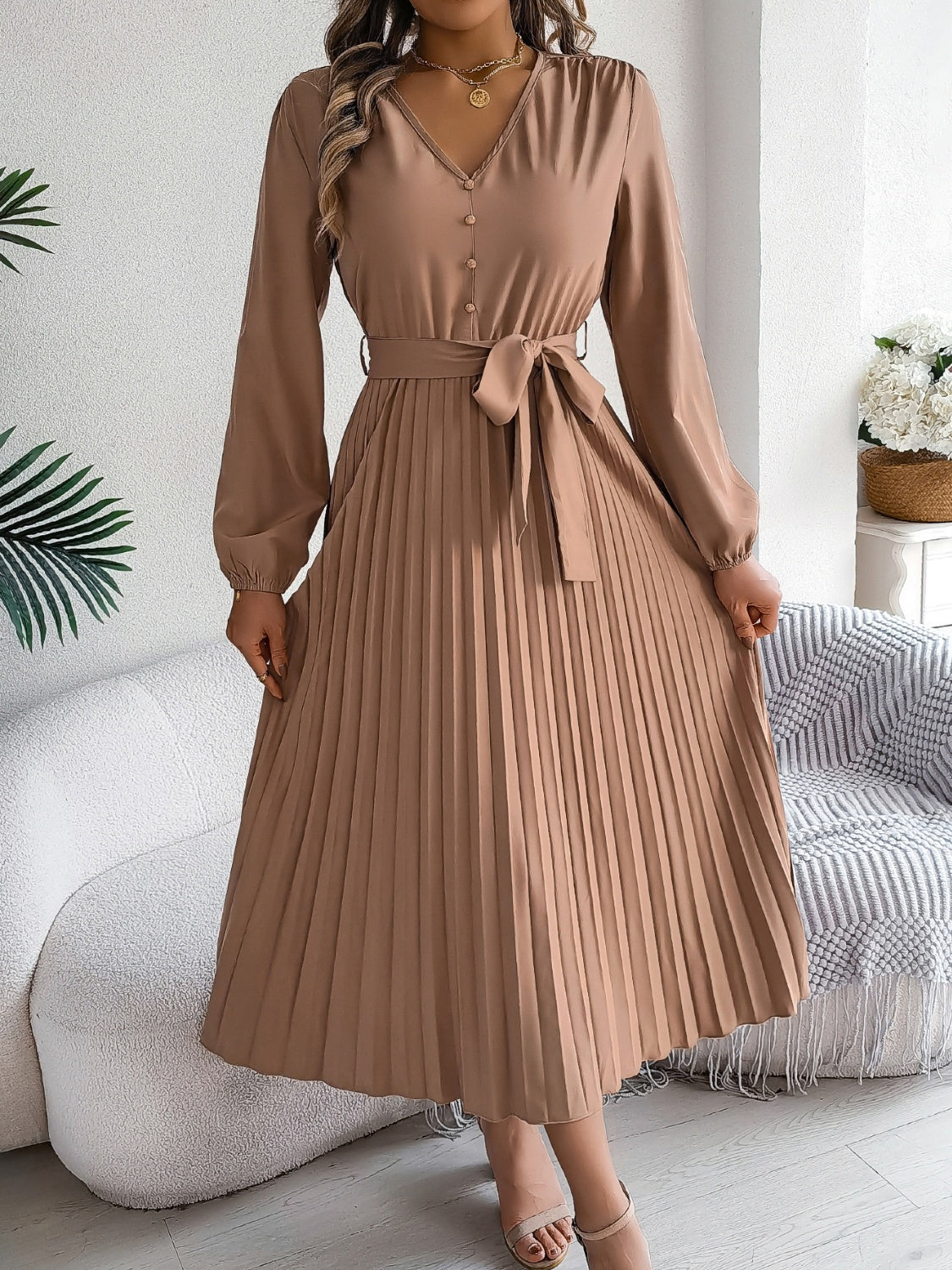 Pleated Tied V-Neck Long Sleeve Midi Dress