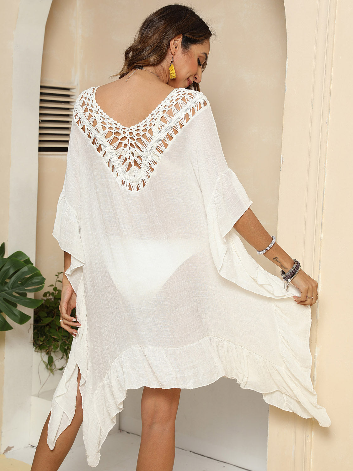 Cutout Ruffled Half Sleeve Beach Cover-Up