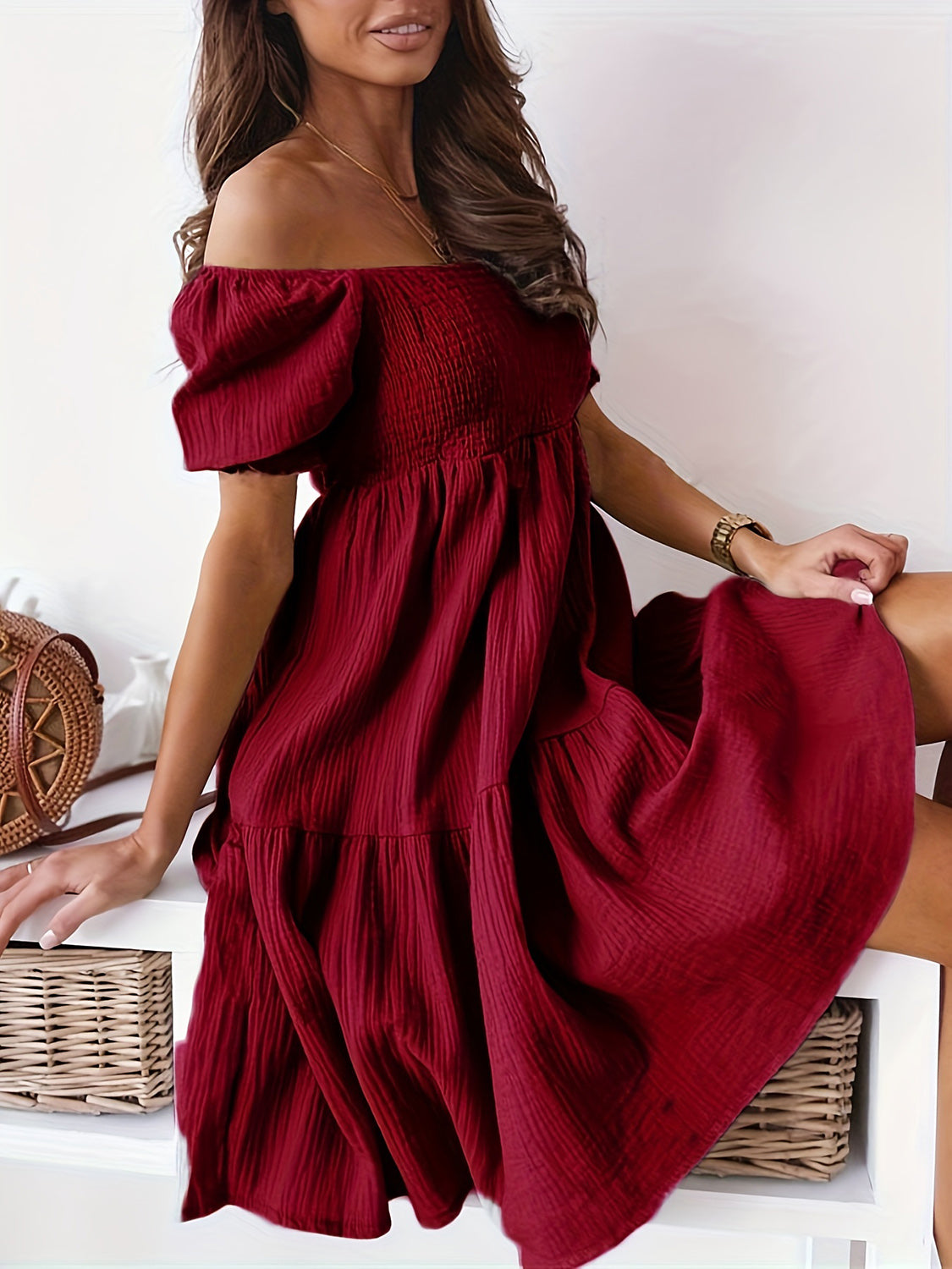 Full Size Ruffled Off-Shoulder Short Sleeve Beach Dress