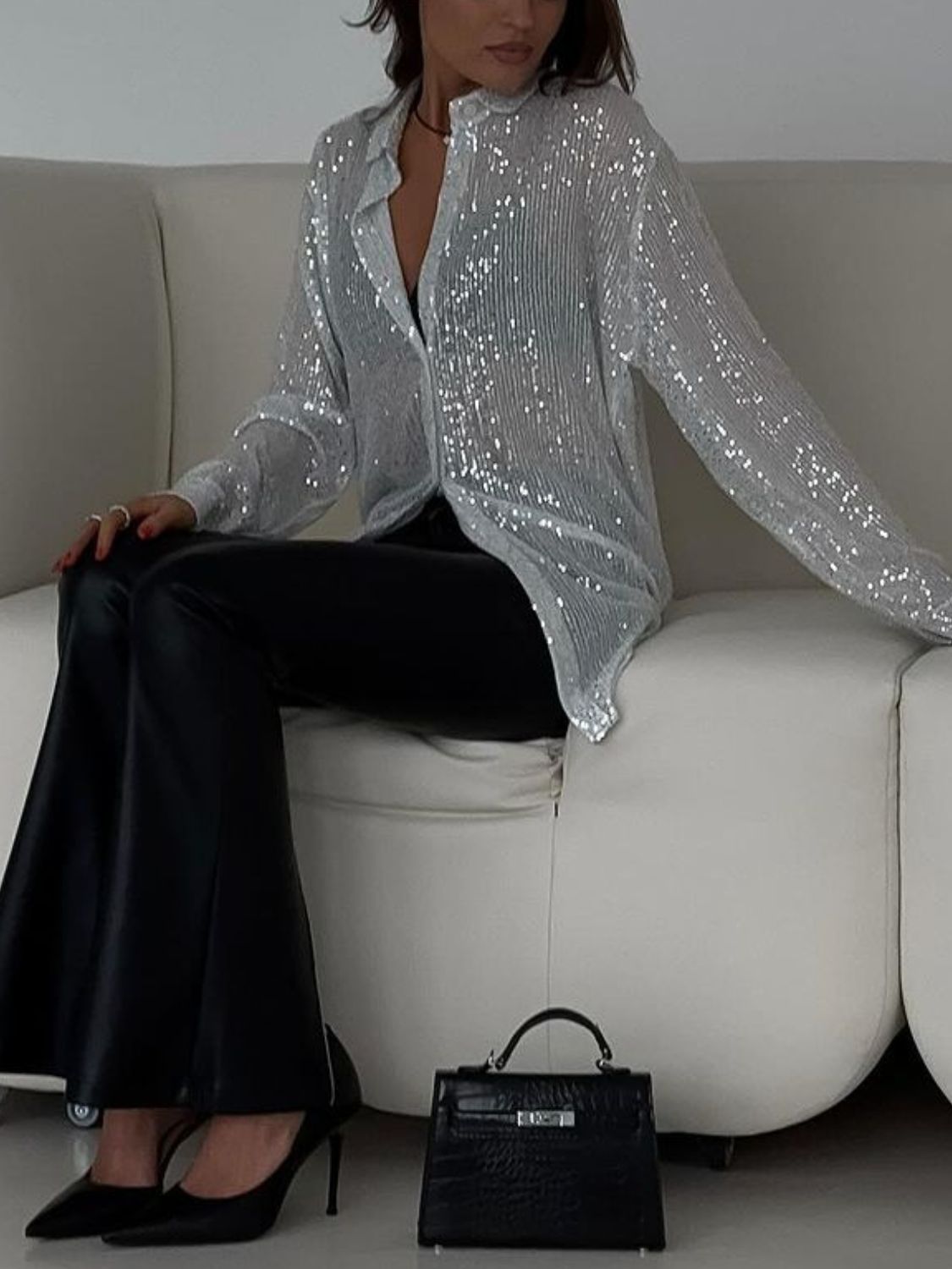 Sequin Button Up Long Sleeve Resort Shirt