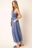 Dusty Blue Cross Back Belted V Neck Tank Maxi Dress