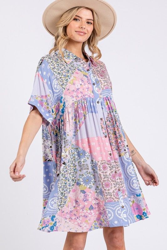 Floral Collared Neck Half Sleeve Mini Shirt Dress